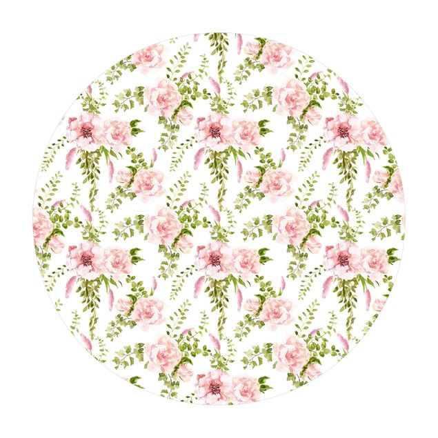 Rond vinyl tapijt Green Leaves With Pink Flowers In Watercolour