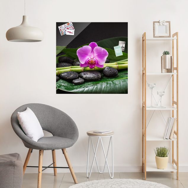 Glas Magnettafel Green Bamboo With Orchid Flower