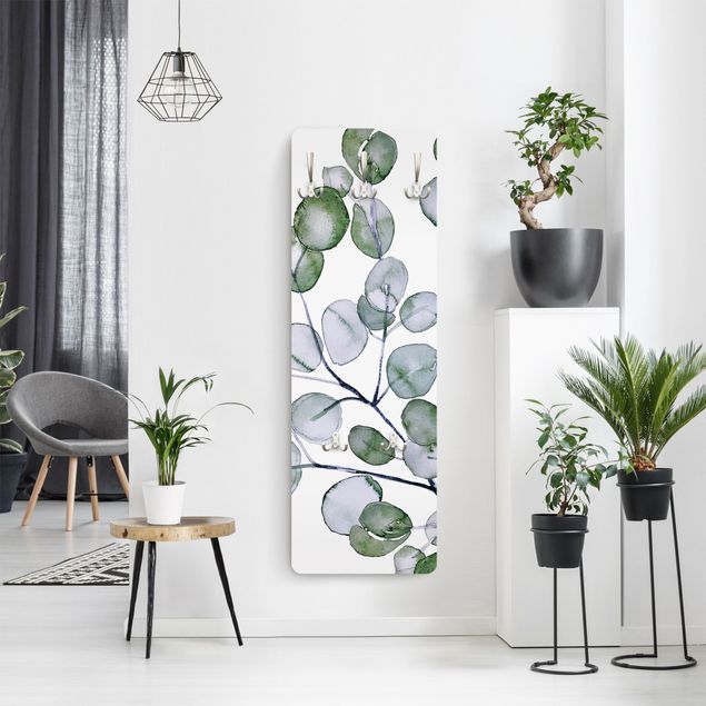 Wandkapstokken houten paneel Green Watercolour Eucalyptus Branch