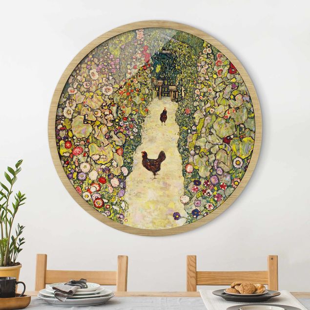Runde gerahmte Bilder Gustav Klimt - Garden Path with Hens