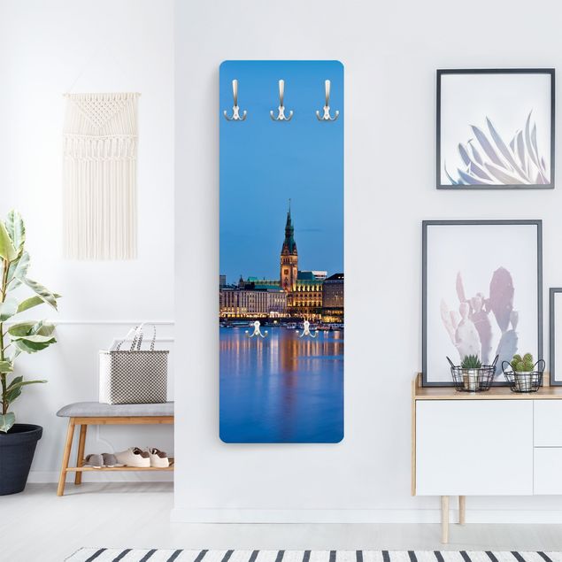 Wandkapstokken houten paneel Hamburg Skyline
