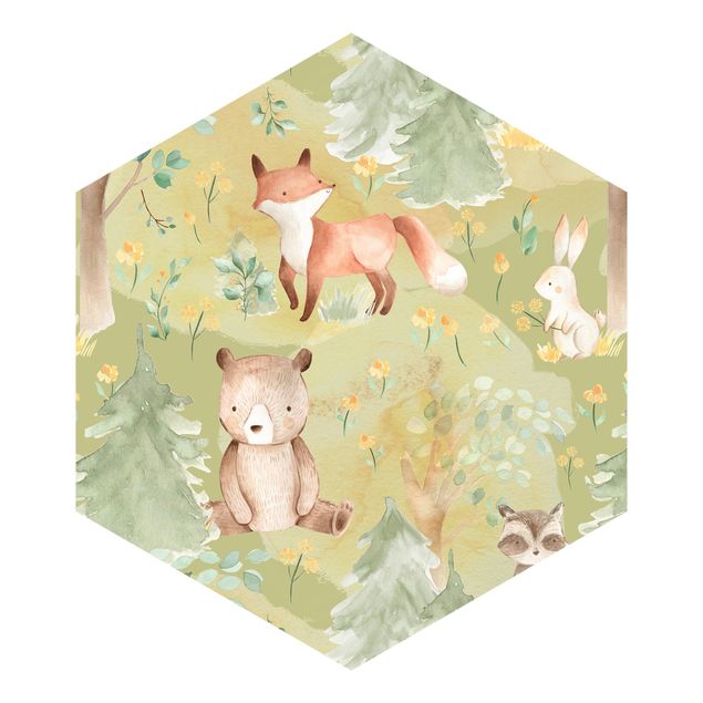 Hexagon Behang Rabbit And Fox On Green Meadow