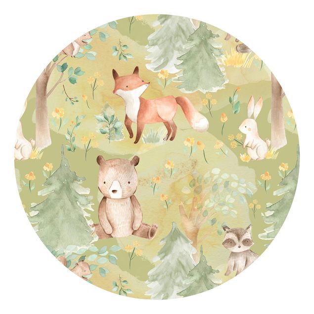 Behangcirkel Rabbit And Fox On Green Meadow