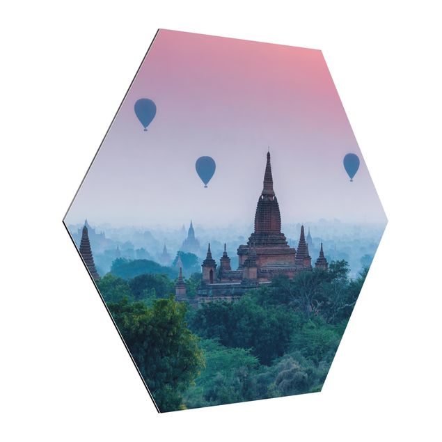Hexagons Aluminium Dibond schilderijen Hot-Air Balloon Above Temple Complex