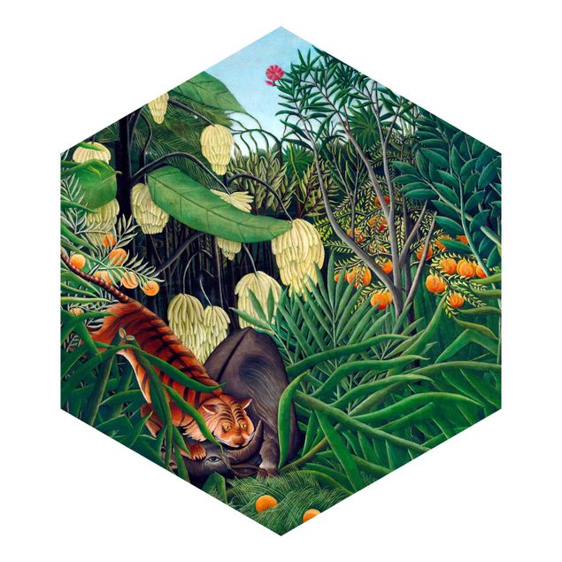 Hexagon Behang Henri Rousseau - Fight Between A Tiger And A Buffalo