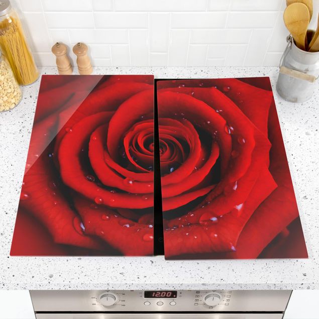 Kookplaat afdekplaten Red Rose With Water Drops