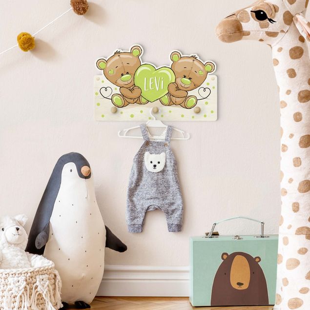 Wandkapstokken voor kinderen Heart Bears With Customised Name Green
