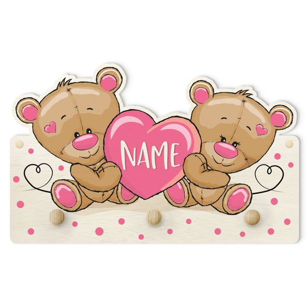 Wandkapstokken voor kinderen Heart Bears With Customised Name Pink