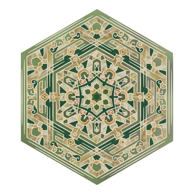 Hexagon Behang Hexagonal Mandala In Green With Gold