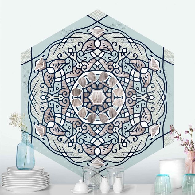 Hexagon Behang Hexagonal Mandala In Light Blue