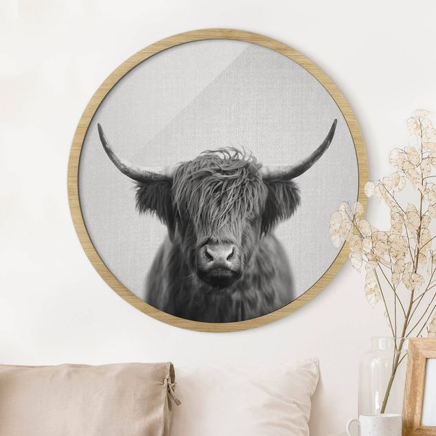 Gerahmte Bilder Rund Highland Cow Harry Black And White