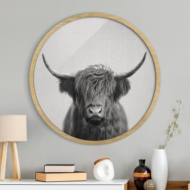 Rond schilderijen Highland Cow Harry Black And White