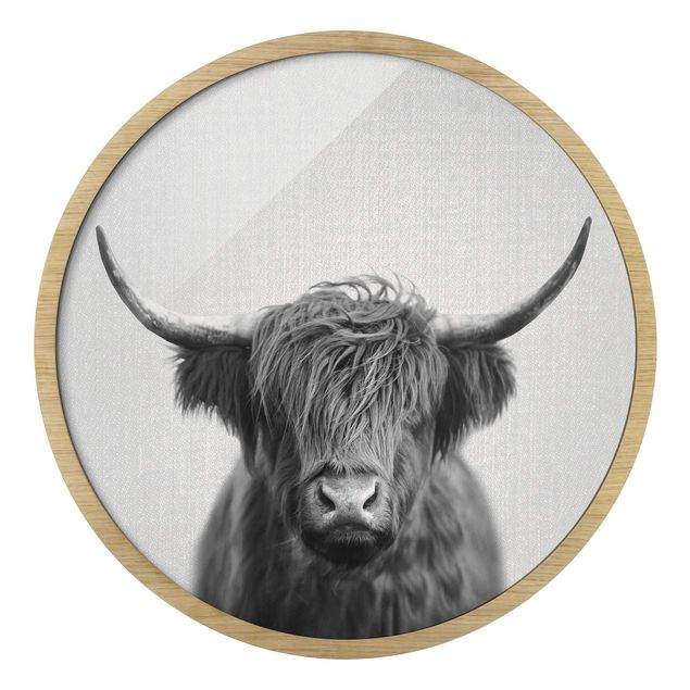 Rond schilderijen Highland Cow Harry Black And White