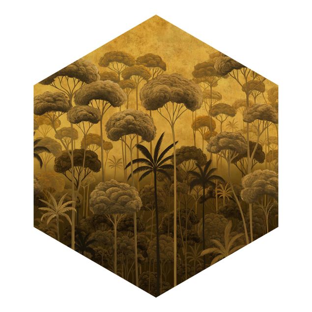 Hexagon Behang - Tall Trees in the Jungle in Golden Tones