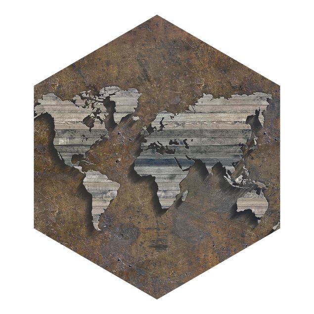Hexagon Behang Wooden Grid World Map