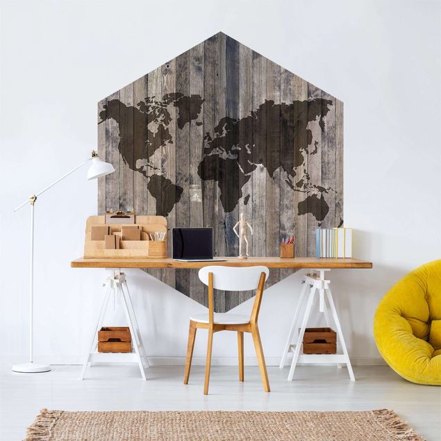 Hexagon Behang Wooden World Map