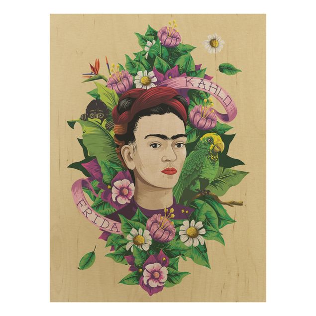 Houten schilderijen Frida Kahlo - Frida, Monkey And Parrot