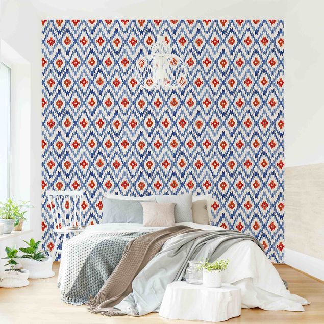 Fotobehang - Ikat Pattern Mexico Red And Blue