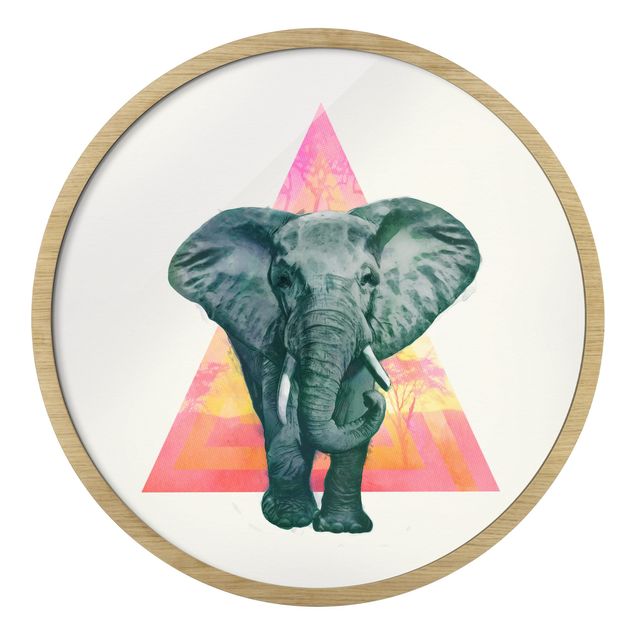 Rond schilderijen Illustrazione di elefanti davanti a dipinto a triangoli