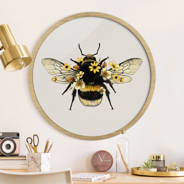 Runde gerahmte Bilder Illustration Floral Bumblebee