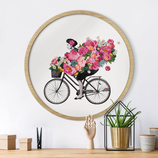 Runde gerahmte Bilder Illustration Woman On Bicycle Collage Colourful Flowers