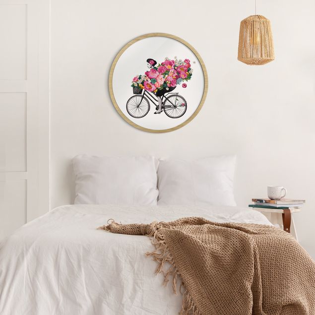 Rond schilderijen Illustrazione di donna in bici collage di fiori colorati