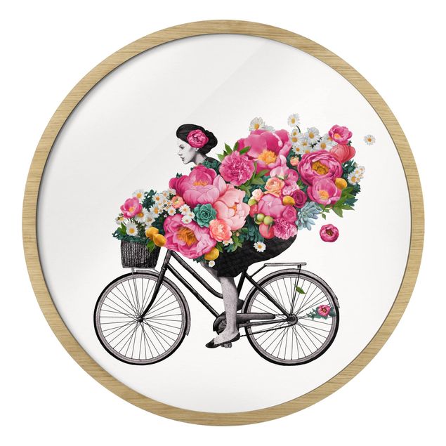 Rond schilderijen Illustrazione di donna in bici collage di fiori colorati