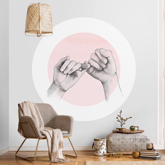 Behangcirkel Illustration Hands Friendship Circle Pink White