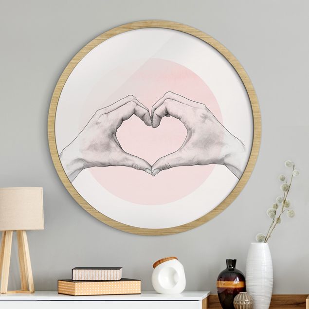 Rond schilderijen Illustrazione di mani a cuore su cerchio rosa e su bianco