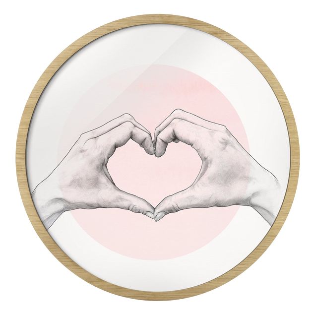 Rond schilderijen Illustrazione di mani a cuore su cerchio rosa e su bianco