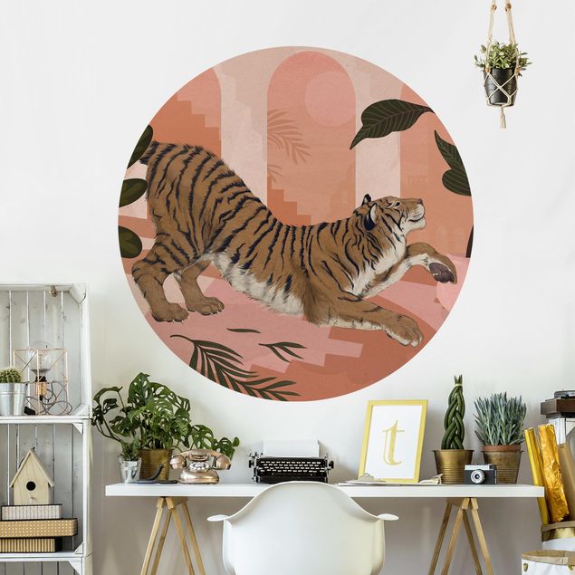 Behangcirkel Illustration Tiger In Pastel Pink Painting