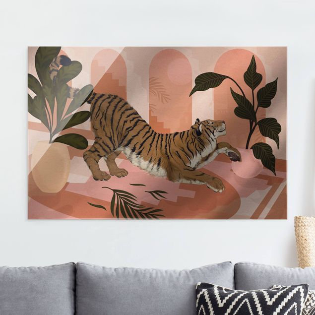 Magnettafel Glas Illustration Tiger In Pastel Pink Painting