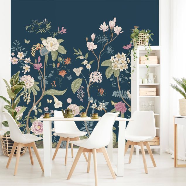 Fotobehang - Illustrated Floral Chinoiserie On Dark Blue