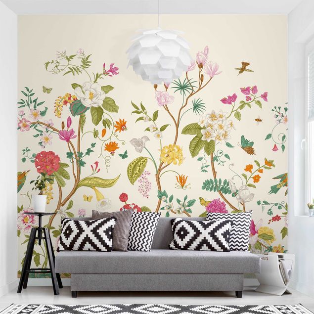 Fotobehang - Illustrated Flowers Chinoiserie On Yellow