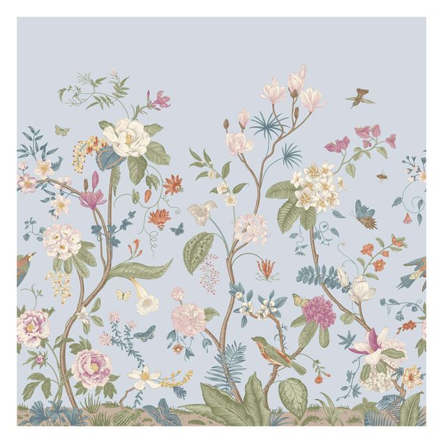 Fotobehang - Illustrated Floral Chinoiserie On Light Blue