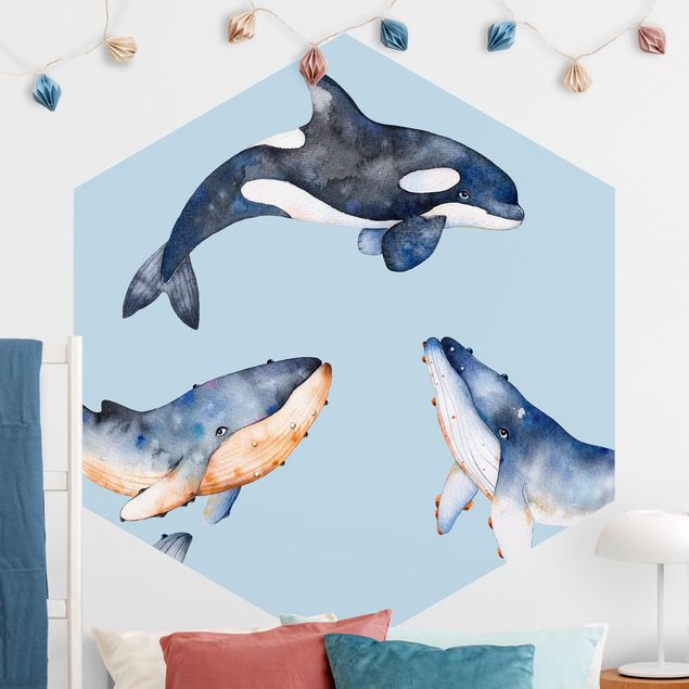 Hexagon Behang Illustrated Whale In Watercolour