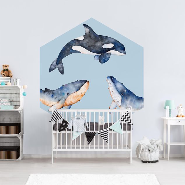 Hexagon Behang Illustrated Whale In Watercolour