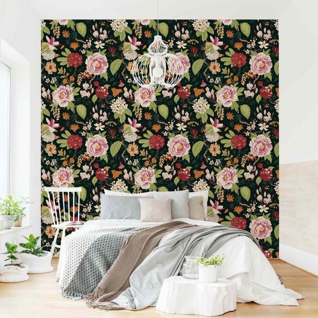 Fotobehang - Illustrated Floral Chinoiserie Pattern On Dark Green