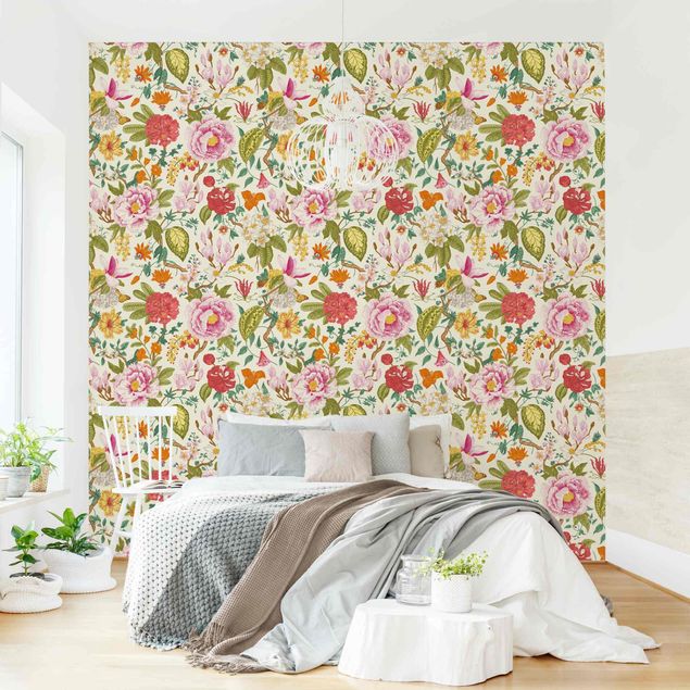 Fotobehang - Illustrated Floral Chinoiserie Pattern On Yellow
