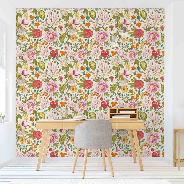 Fotobehang - Illustrated Floral Chinoiserie Pattern On Yellow