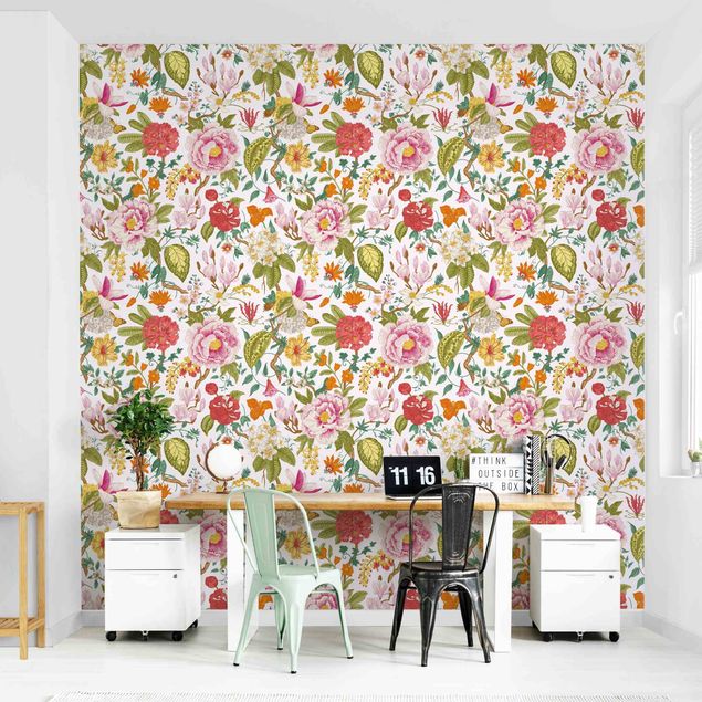 Fotobehang - Illustrated Floral Chinoiserie Pattern On Light Pink