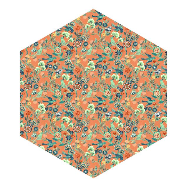 Hexagon Behang - Indian Pattern Birds with Flowers Orange