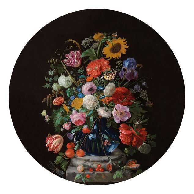 Behangcirkel Jan Davidsz de Heem - Tulips, a Sunflower, an Iris and other Flowers in a Glass Vase on the Marble Base of a Column