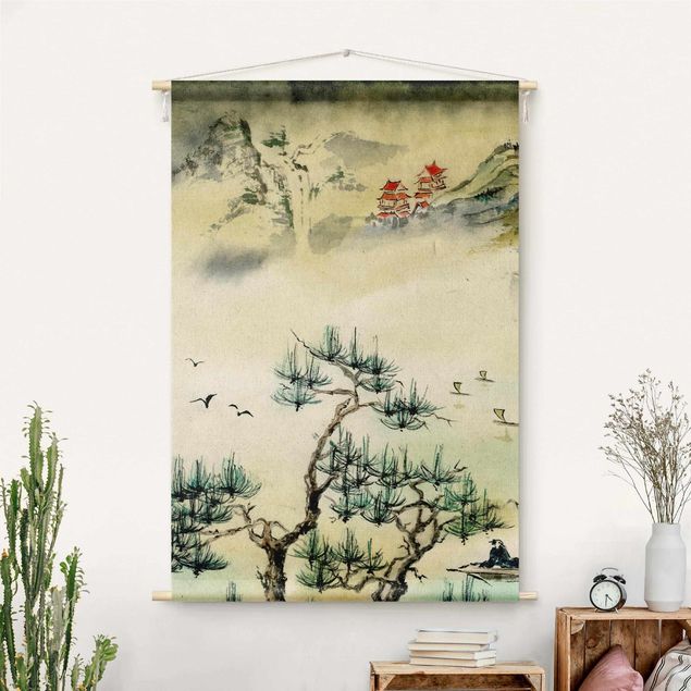 Wandtapijt modern Japanese Watercolour Drawing Pine Tree And Mountain Village