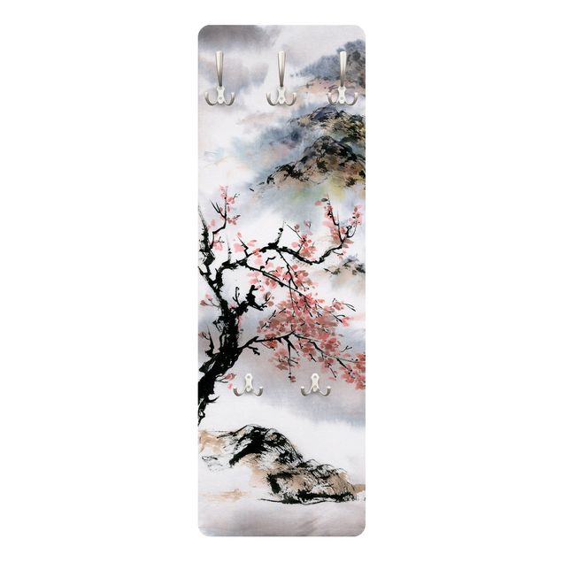 Wandkapstokken houten paneel Japanese Watercolour Drawing Cherry Tree And Mountains