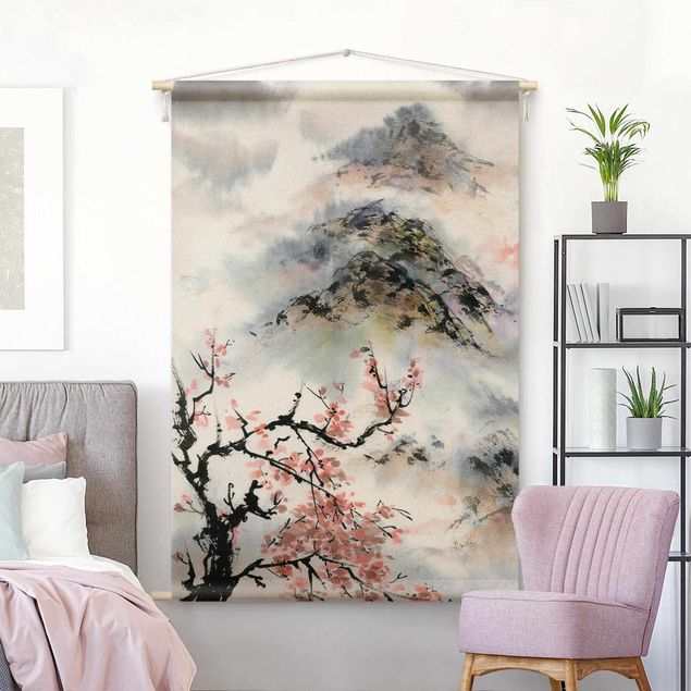 wandkleed modern Japanese Watercolour Drawing Cherry Tree And Mountain