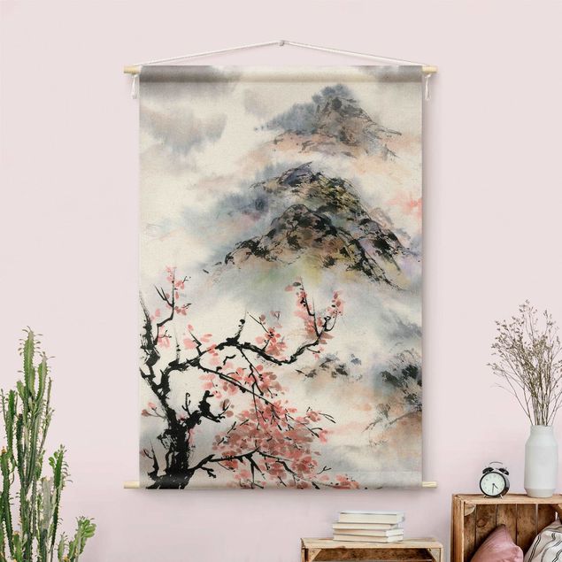 wanddoek natuur Japanese Watercolour Drawing Cherry Tree And Mountain