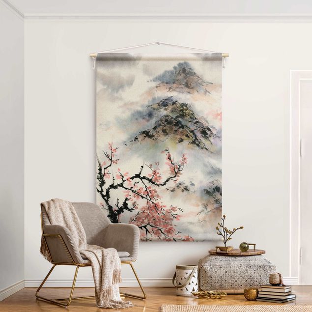 Wanddoek bos Japanese Watercolour Drawing Cherry Tree And Mountain
