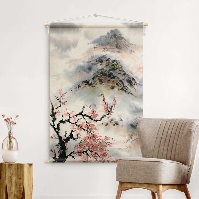 vintage wandkleden Japanese Watercolour Drawing Cherry Tree And Mountain