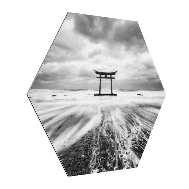 Hexagons Aluminium Dibond schilderijen Japanese Torii In The Ocean